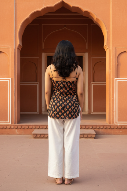 Midnight Lotus Block Print Strappy Kurti