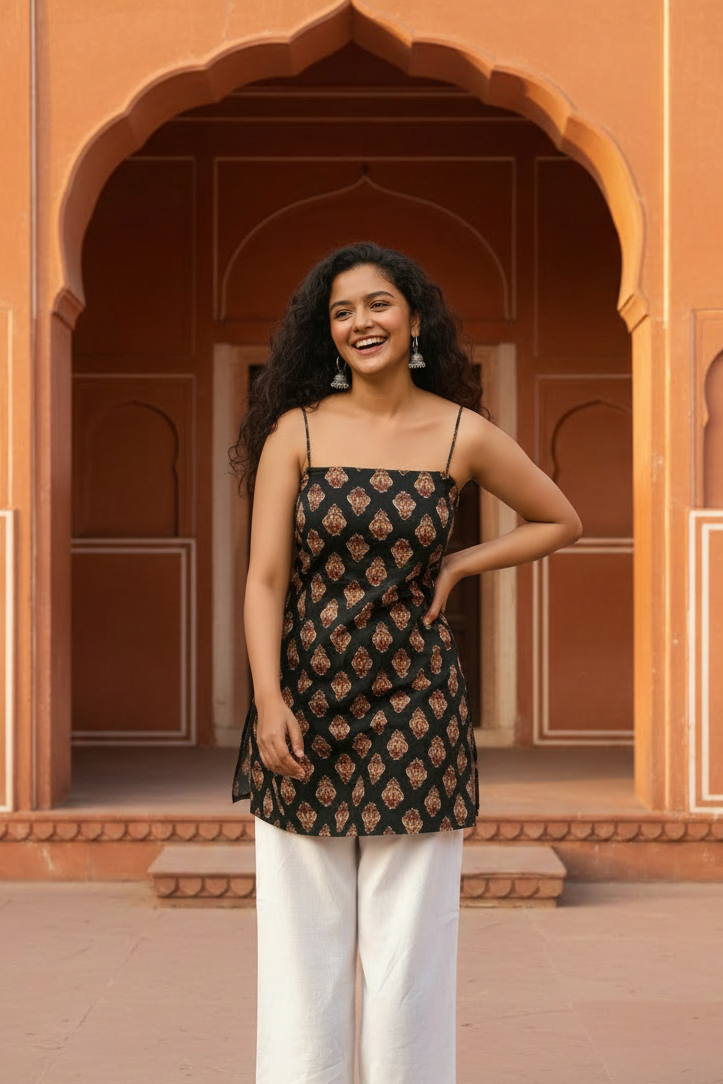 Midnight Lotus Block Print Strappy Kurti