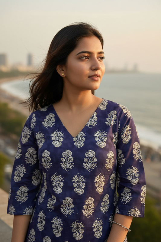 Purple Block Print V-Neck Kurti