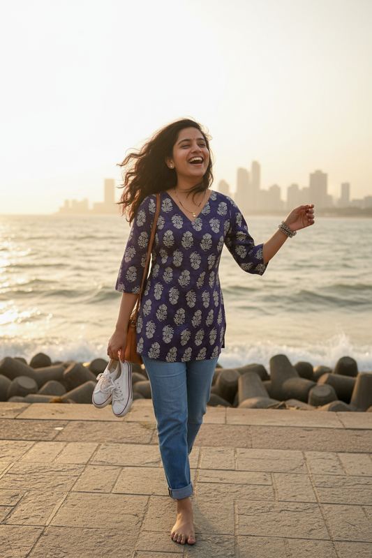 Purple Block Print V-Neck Kurti