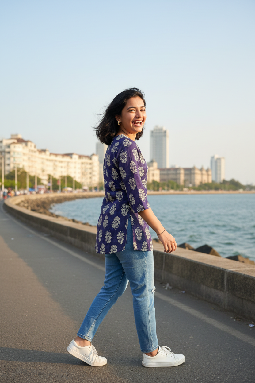 Purple Block Print V-Neck Kurti