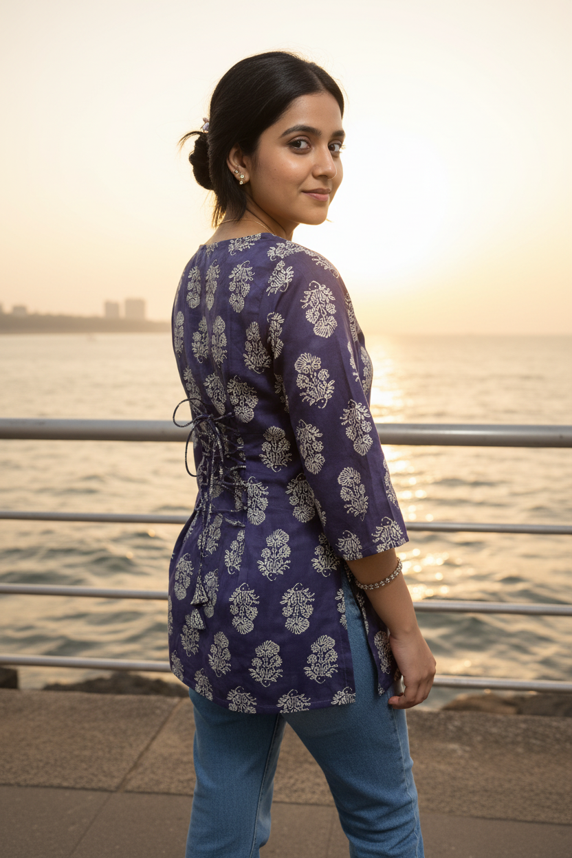 Purple Block Print V-Neck Kurti
