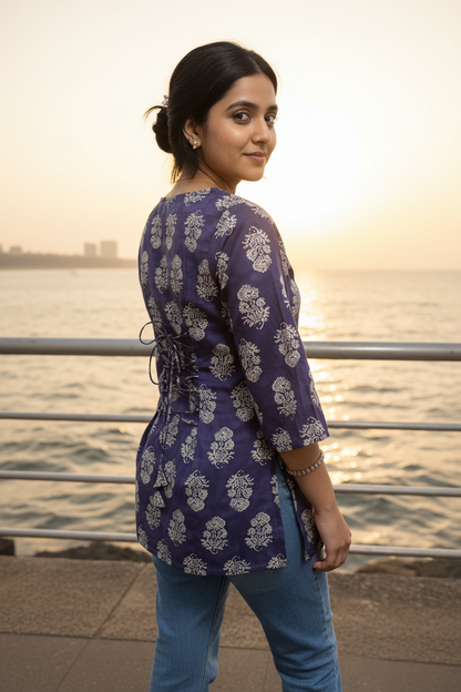 Purple Block Print V-Neck Kurti