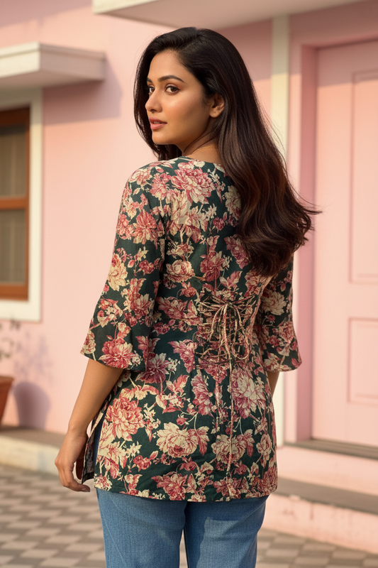 V Neck Rama Green with Floral Print Kurti