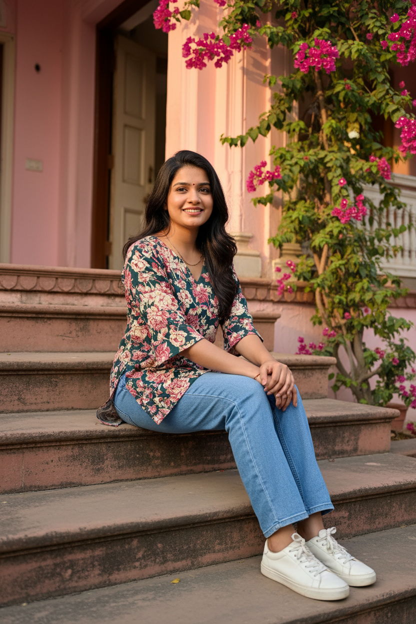 V Neck Rama Green with Floral Print Kurti