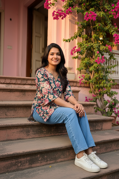 V Neck Rama Green with Floral Print Kurti