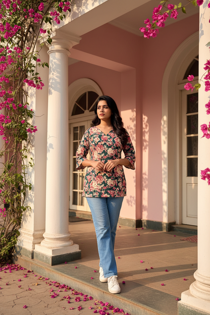 V Neck Rama Green with Floral Print Kurti
