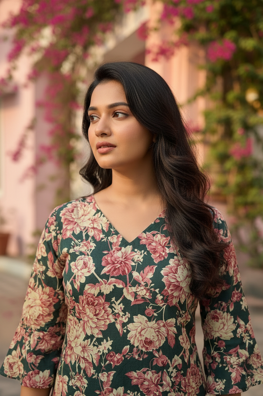 V Neck Rama Green with Floral Print Kurti