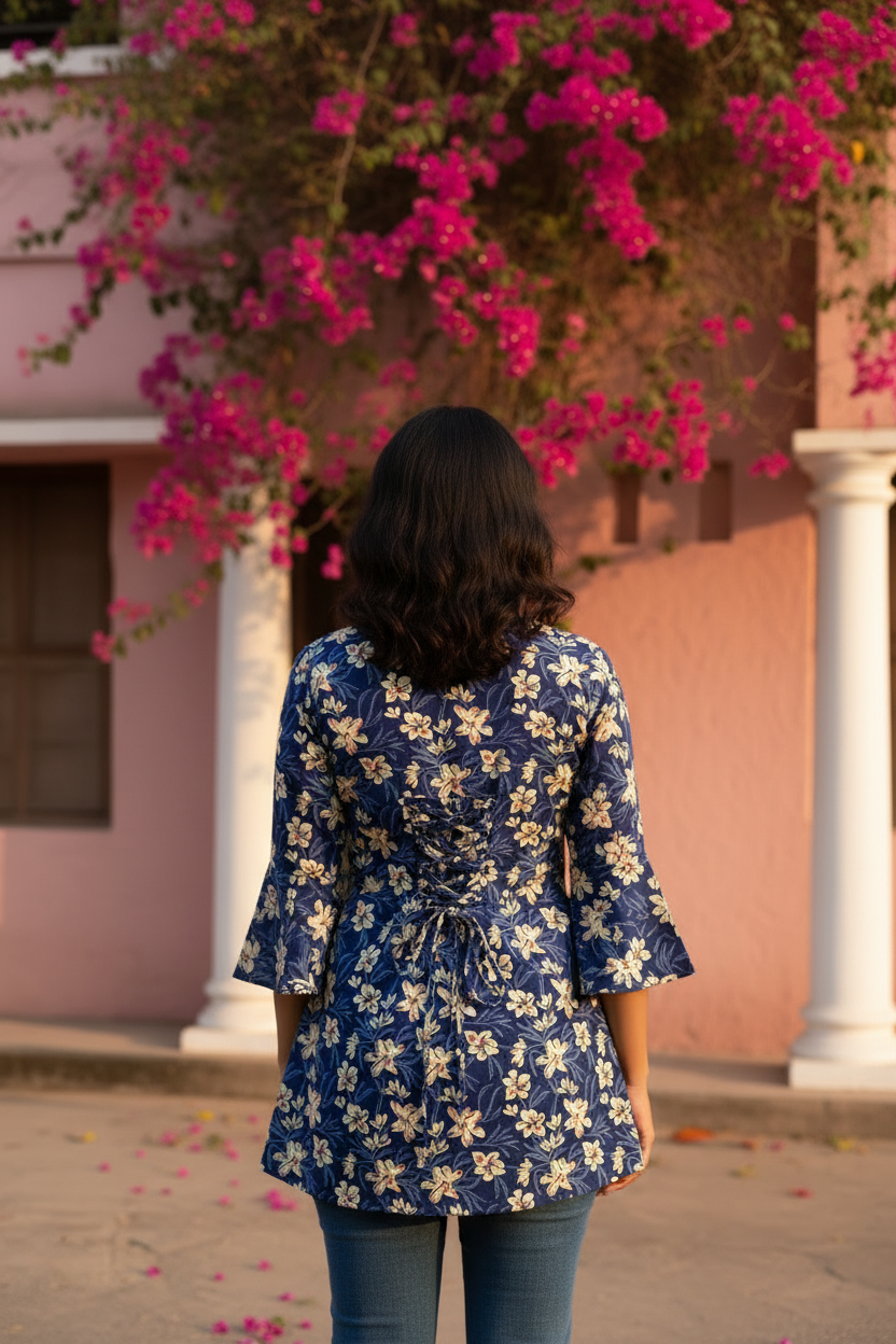 Dark Blue Lace-Up Back Cotton Kurti