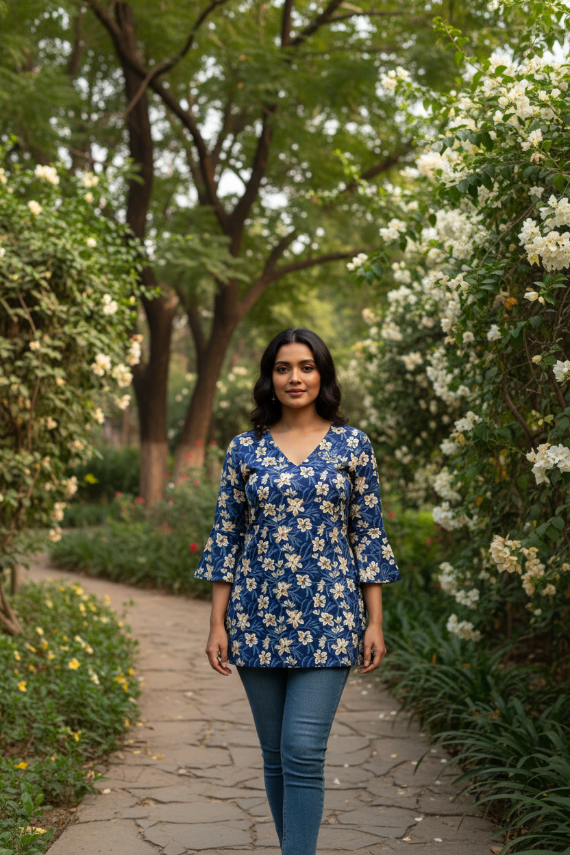 Dark Blue Lace-Up Back Cotton Kurti