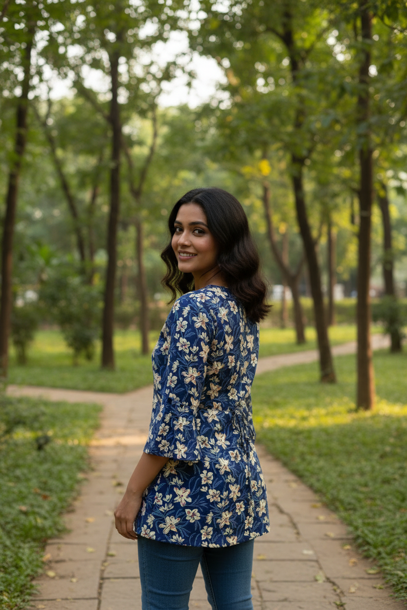 Dark Blue Lace-Up Back Cotton Kurti