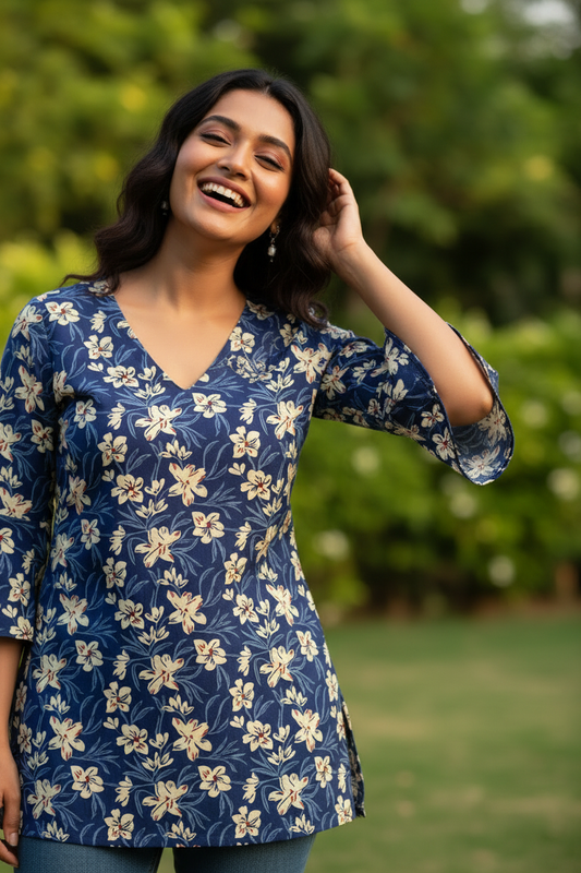 Dark Blue Lace-Up Back Cotton Kurti