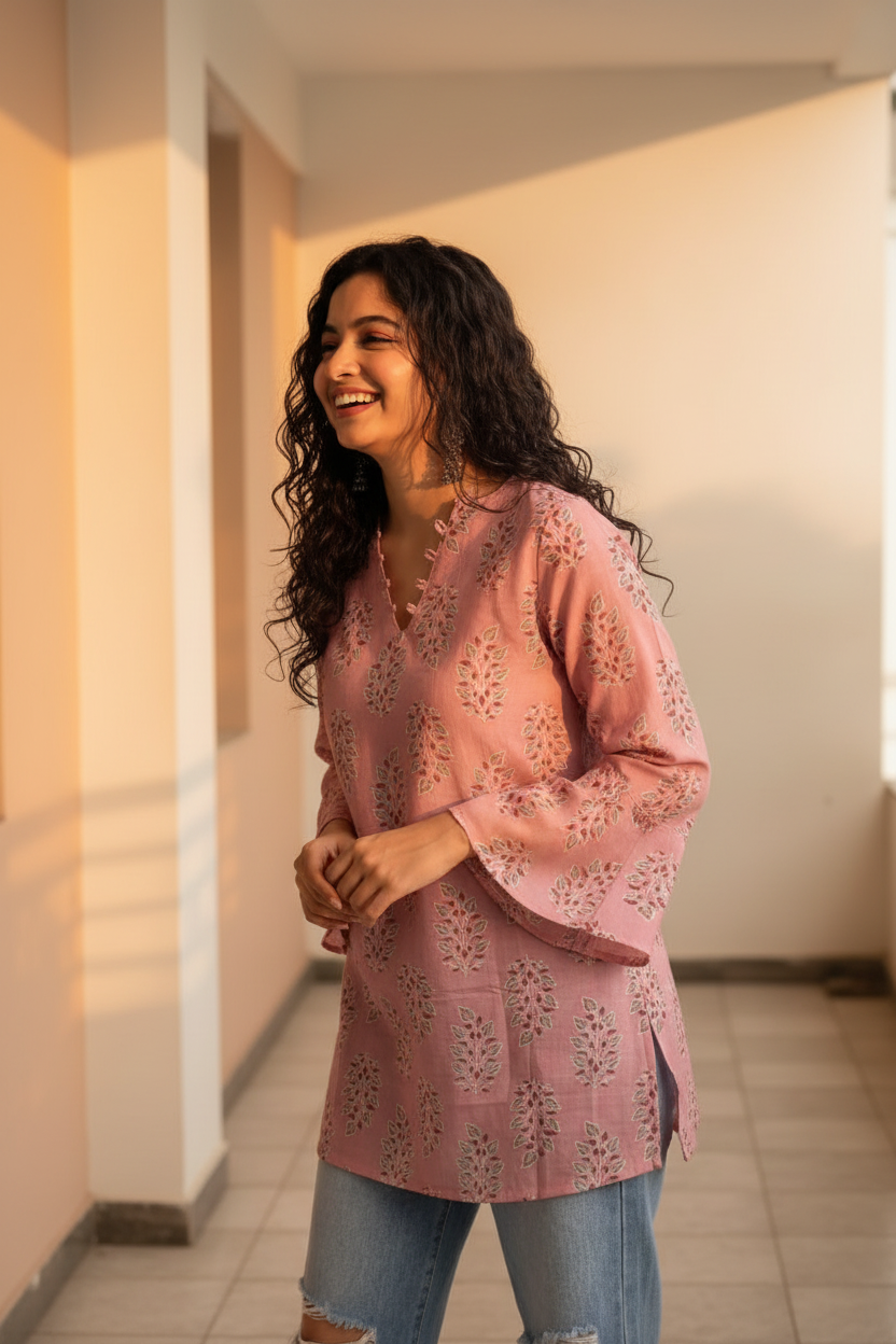 Pastel Pink Mul Block Print V-Neck Kurti
