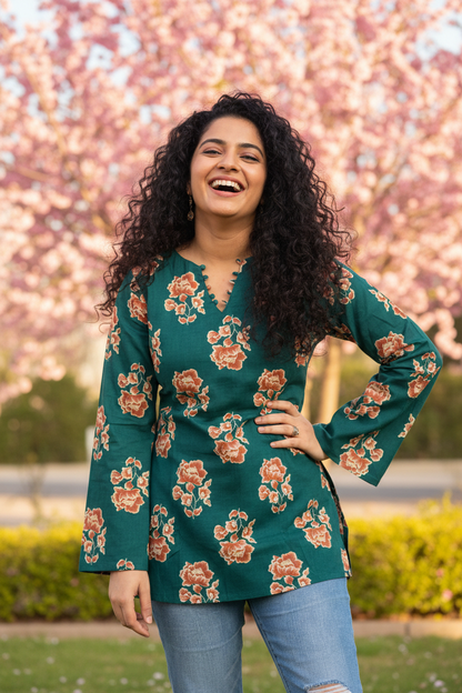 Teal Blossom Corset-Back Pure Cotton Kurti