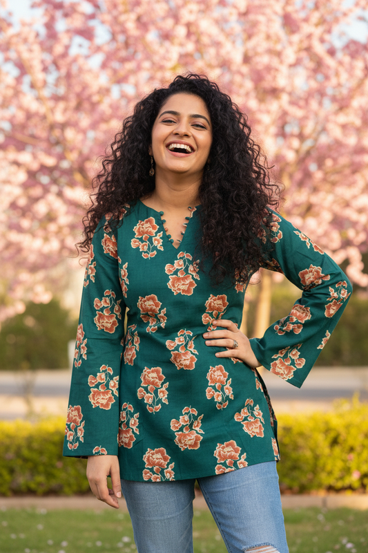 Teal Blossom Corset-Back Pure Cotton Kurti
