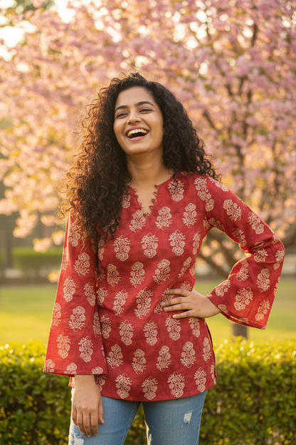 Red Bell Sleeve Corset Back Kurti
