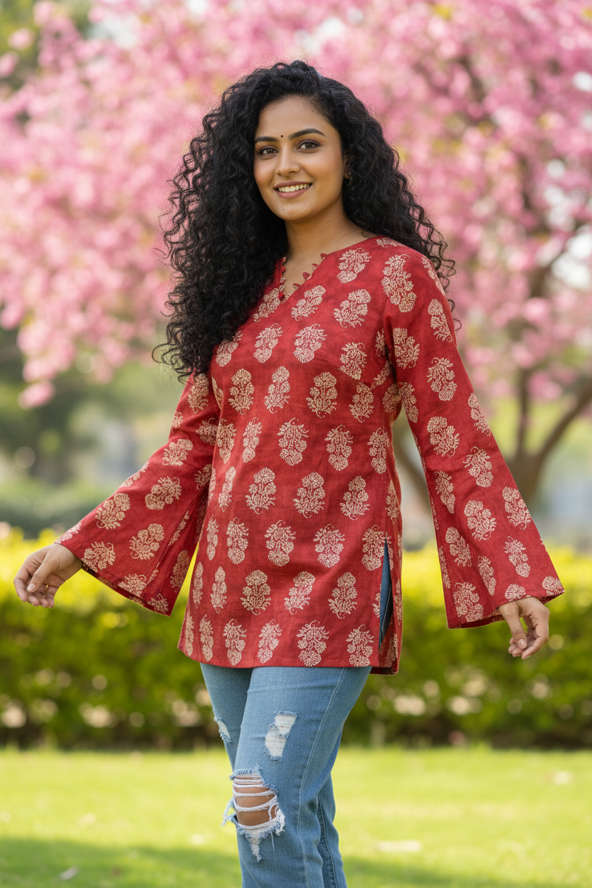 Red Bell Sleeve Corset Back Kurti