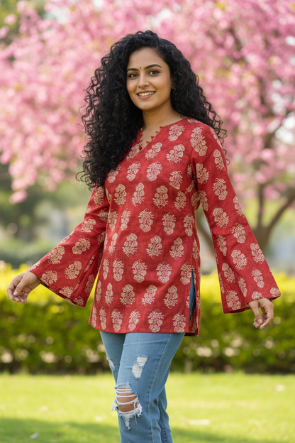 Red Bell Sleeve Corset Back Kurti