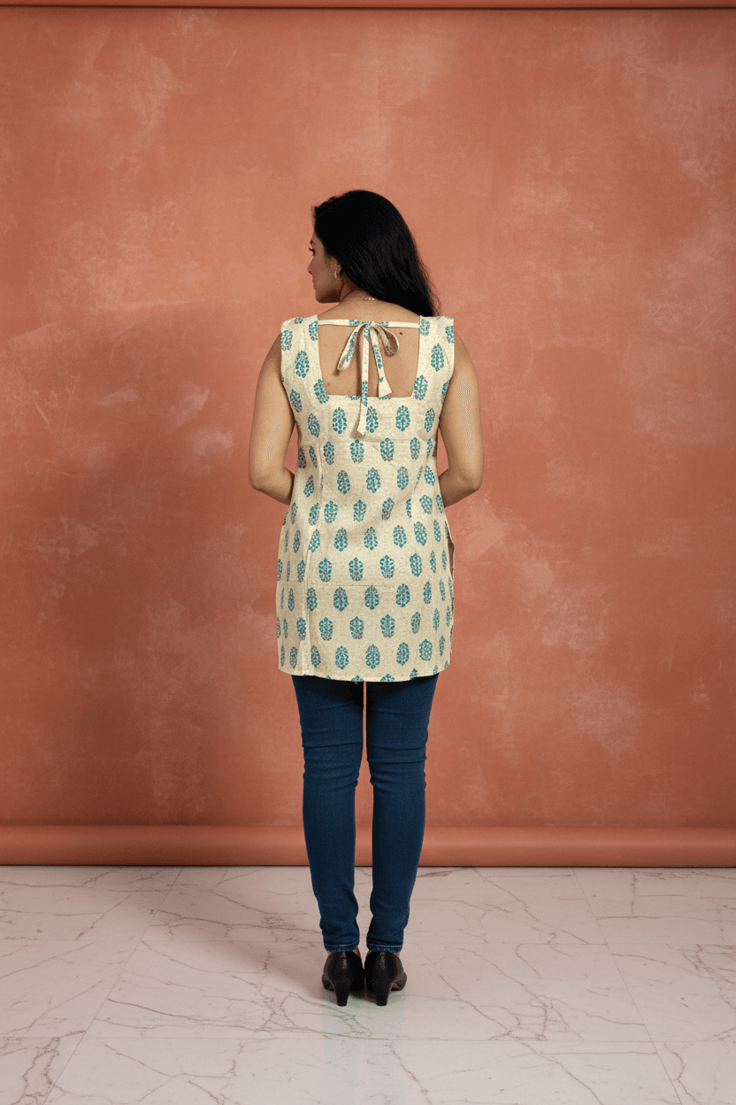 Ivory & Blue Block Print Sleeveless Kurti with Dori in Back