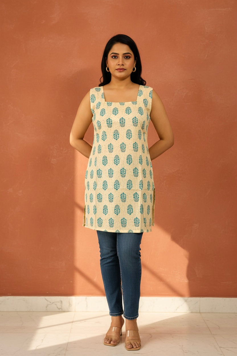 Ivory & Blue Block Print Sleeveless Kurti with Dori in Back