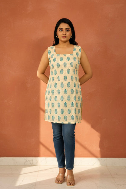 Ivory & Blue Block Print Sleeveless Kurti with Dori in Back