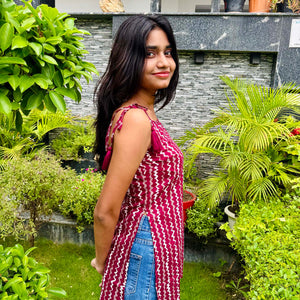 Cotton Wine Noodle Strap Sleeveless Top with Tassel & Side Slit - The Sutra Space