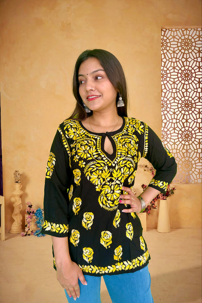 Black Cotton Chikankari Kurta with Yellow Embroidery - The Sutra Space