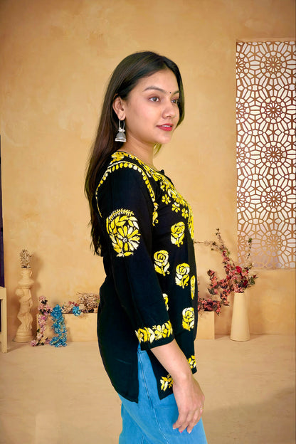 Black Cotton Chikankari Kurta with Yellow Embroidery - The Sutra Space