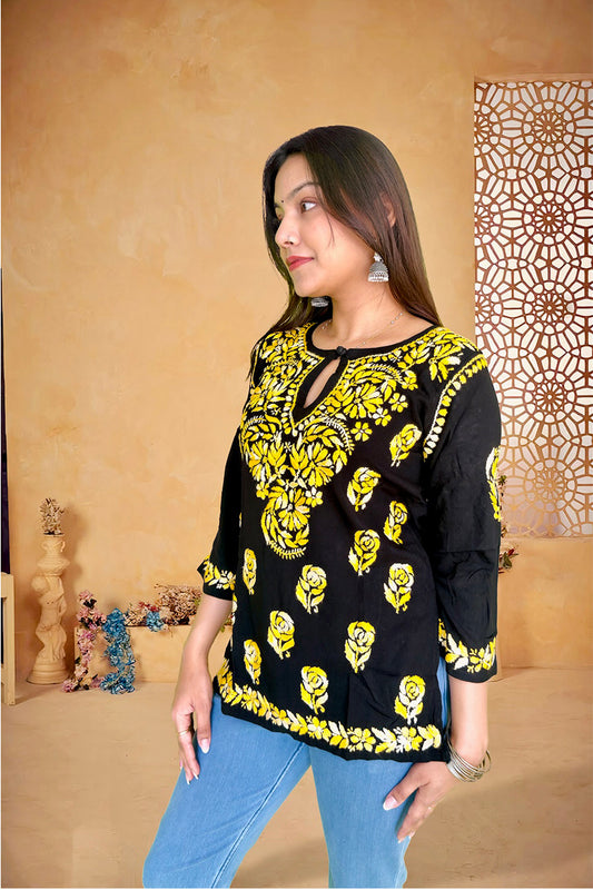 Black Cotton Chikankari Kurta with Yellow Embroidery - The Sutra Space