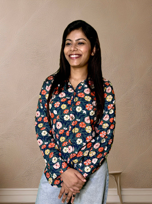 Multi Floral Cotton Shirt – Foldable Sleeves & Darted Fit