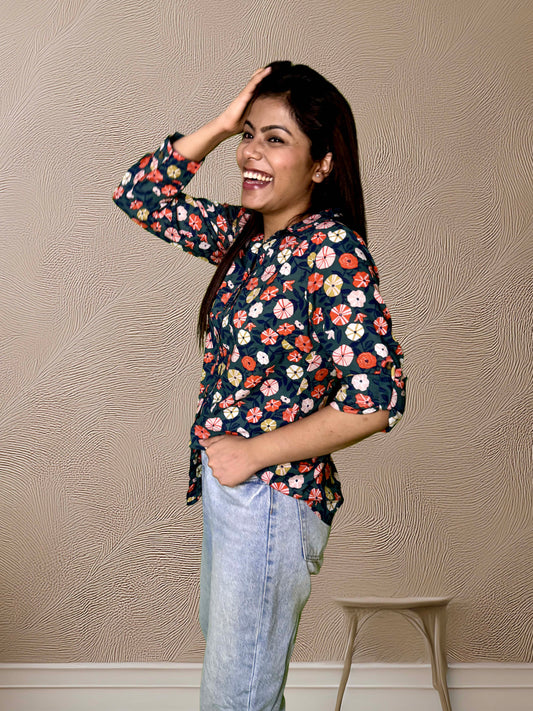 Multi Floral Cotton Shirt – Foldable Sleeves & Darted Fit