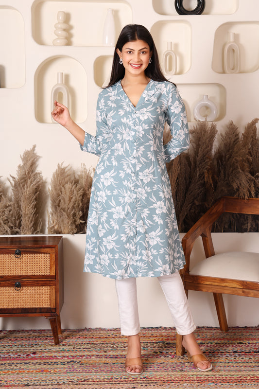 Powder Blue Floral Print Cotton Long Kurti for Women