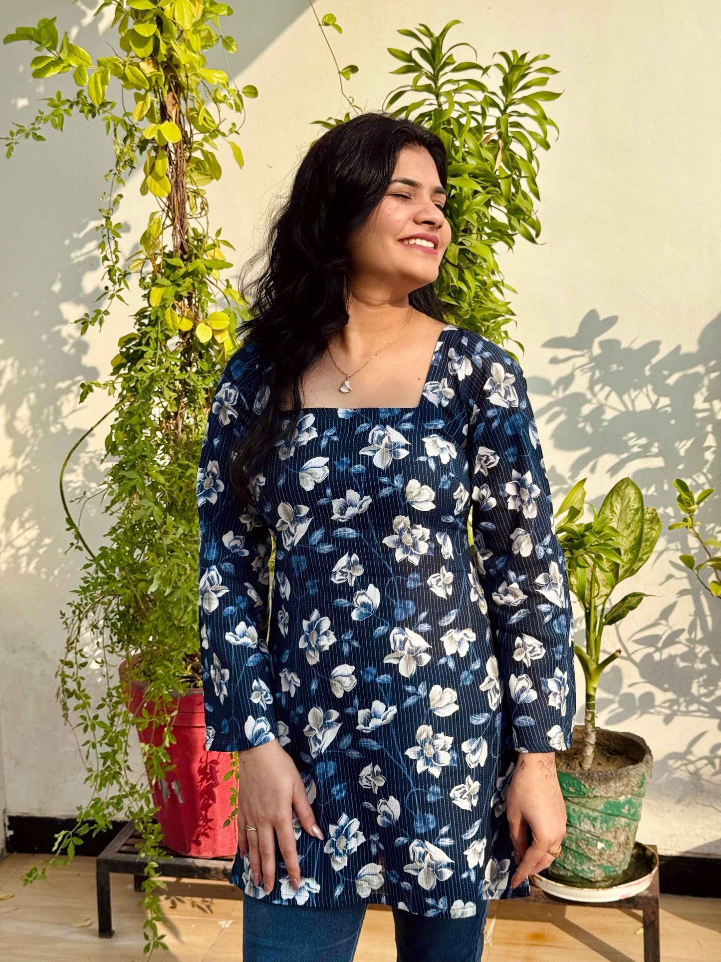 Indigo Bloom Corset-Back Kurti