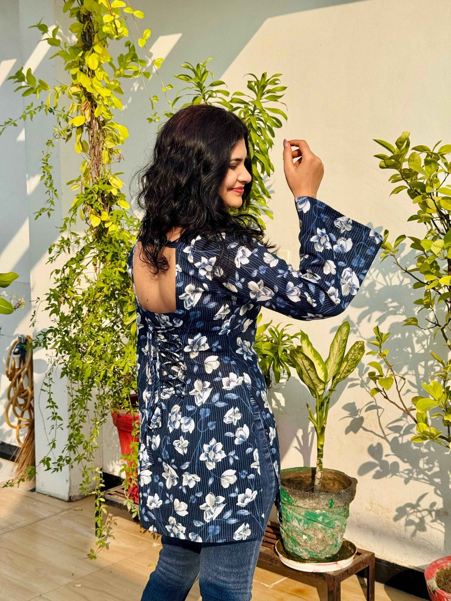 Indigo Bloom Corset-Back Kurti