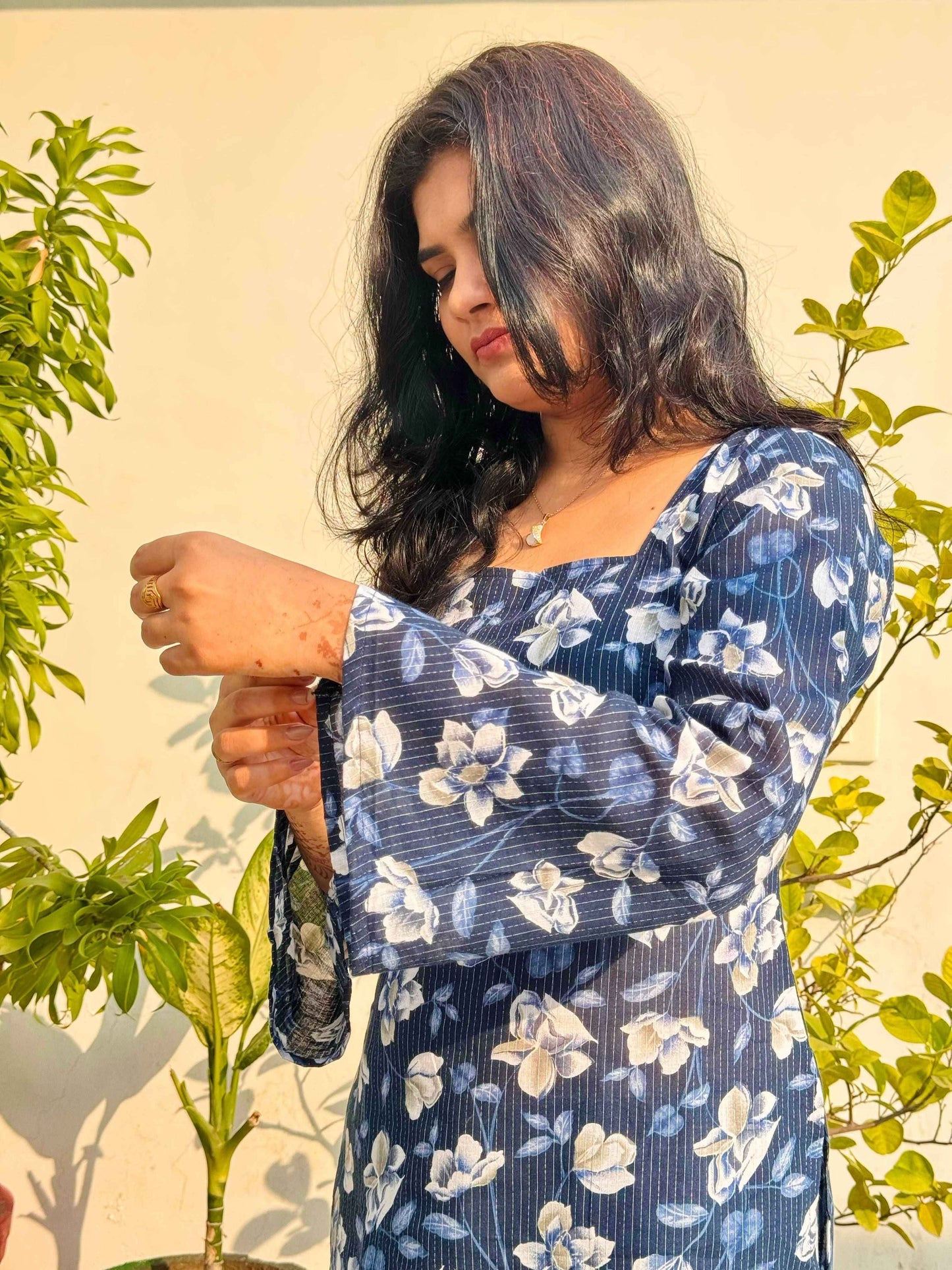 Indigo Bloom Corset-Back Kurti