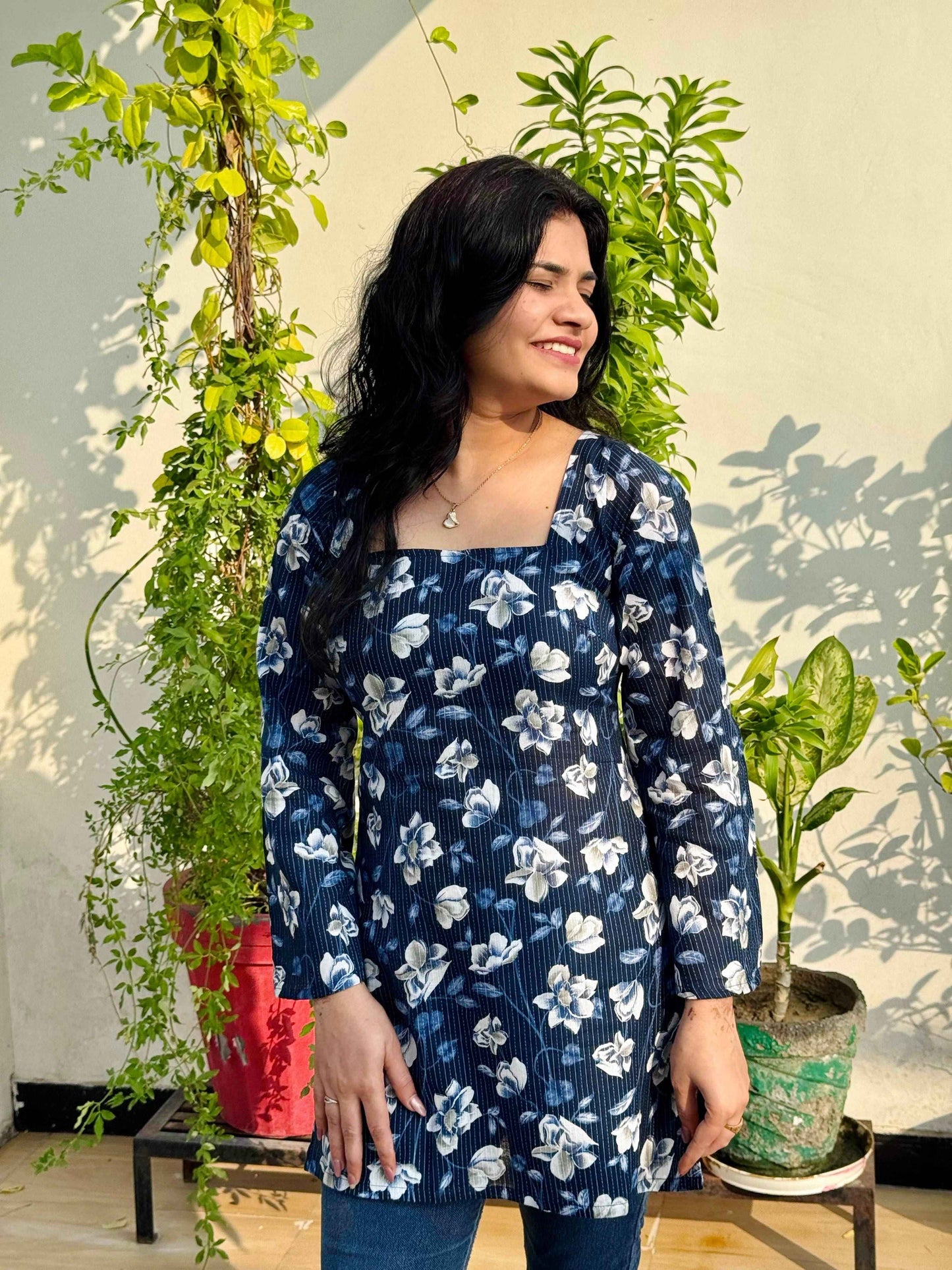 Indigo Bloom Corset-Back Kurti