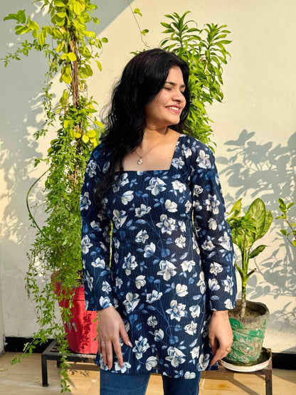 Indigo Bloom Corset-Back Kurti