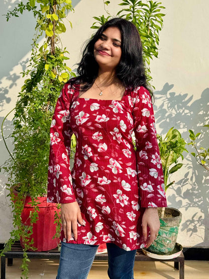 Crimson Bloom Corset-Back Kurti