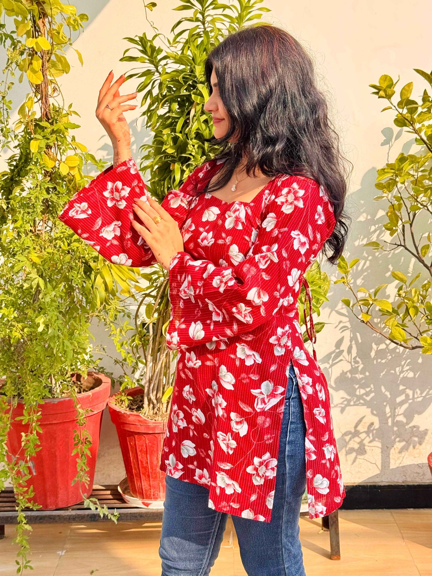 Crimson Bloom Corset-Back Kurti