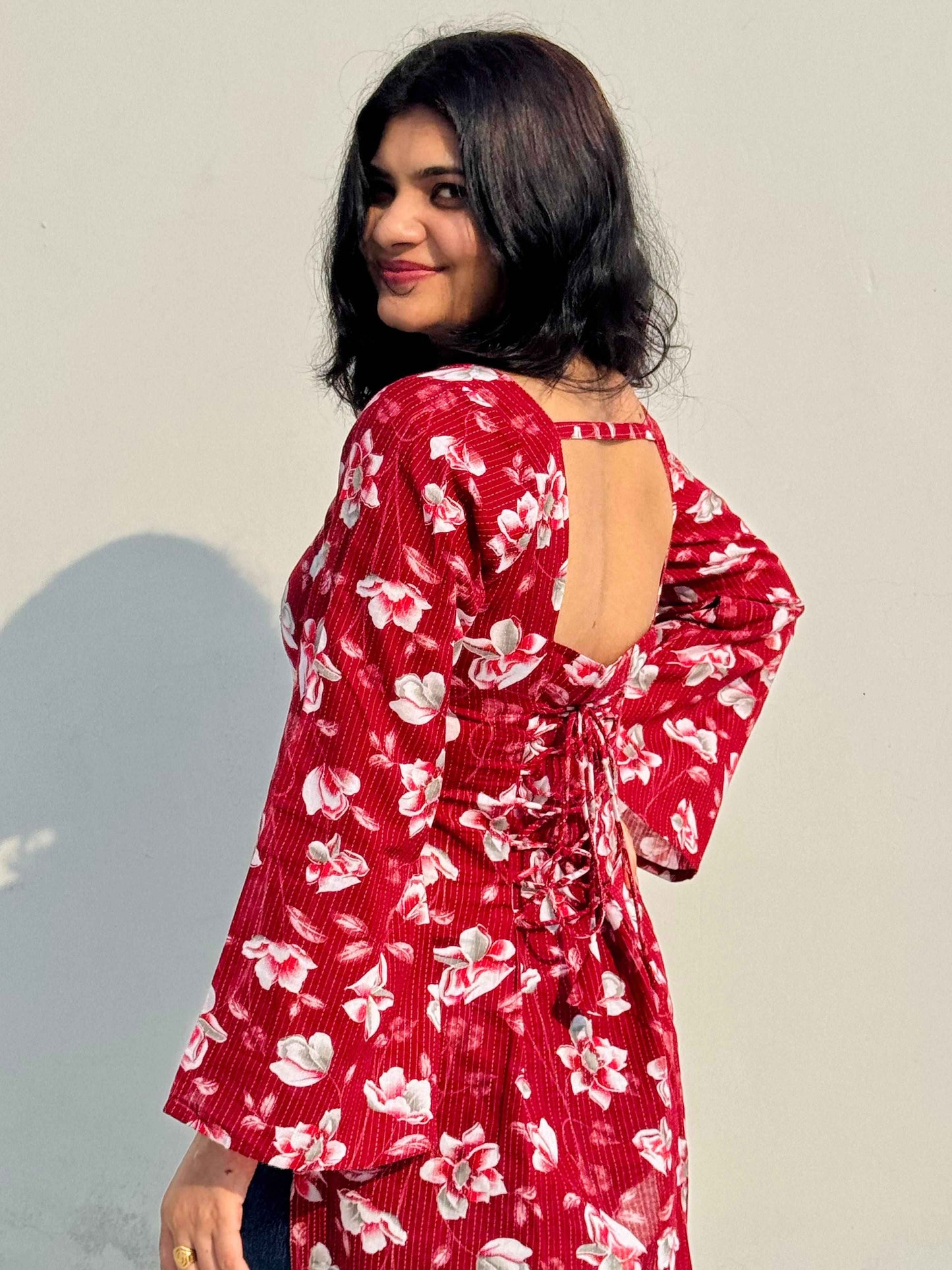 Crimson Bloom Corset-Back Kurti
