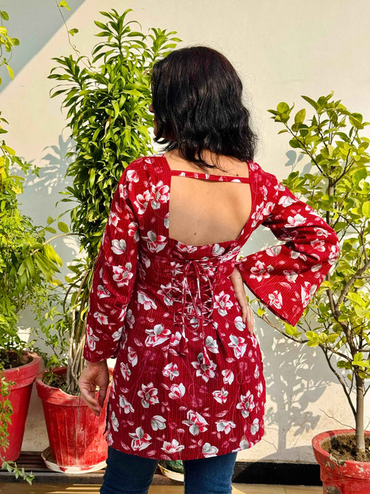 Crimson Bloom Corset-Back Kurti