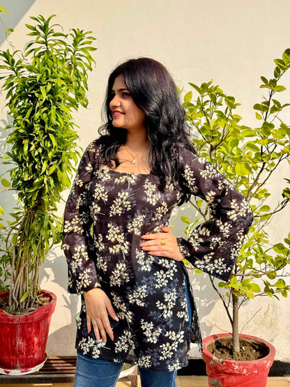 Midnight Bloom Corset-Back Kurti