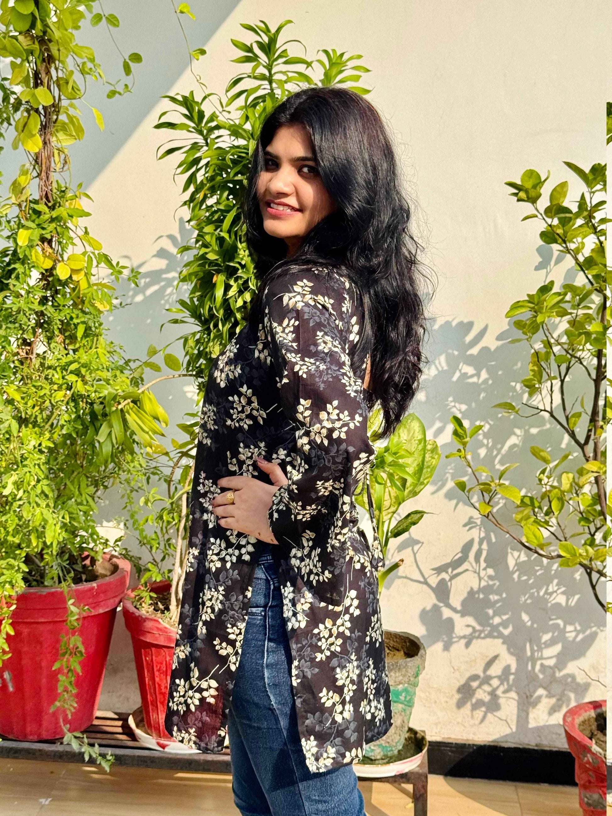 Midnight Bloom Corset-Back Kurti