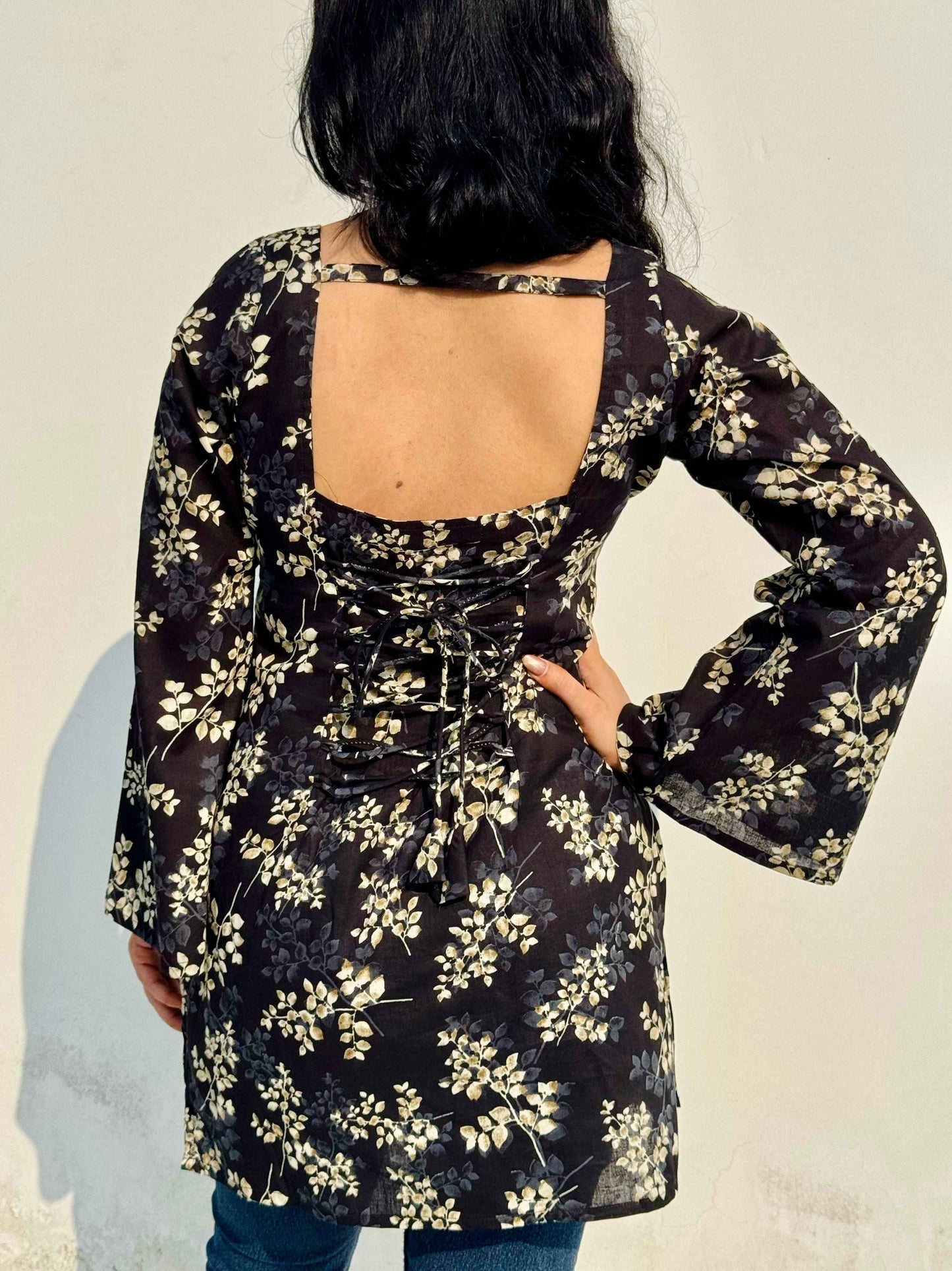 Midnight Bloom Corset-Back Kurti