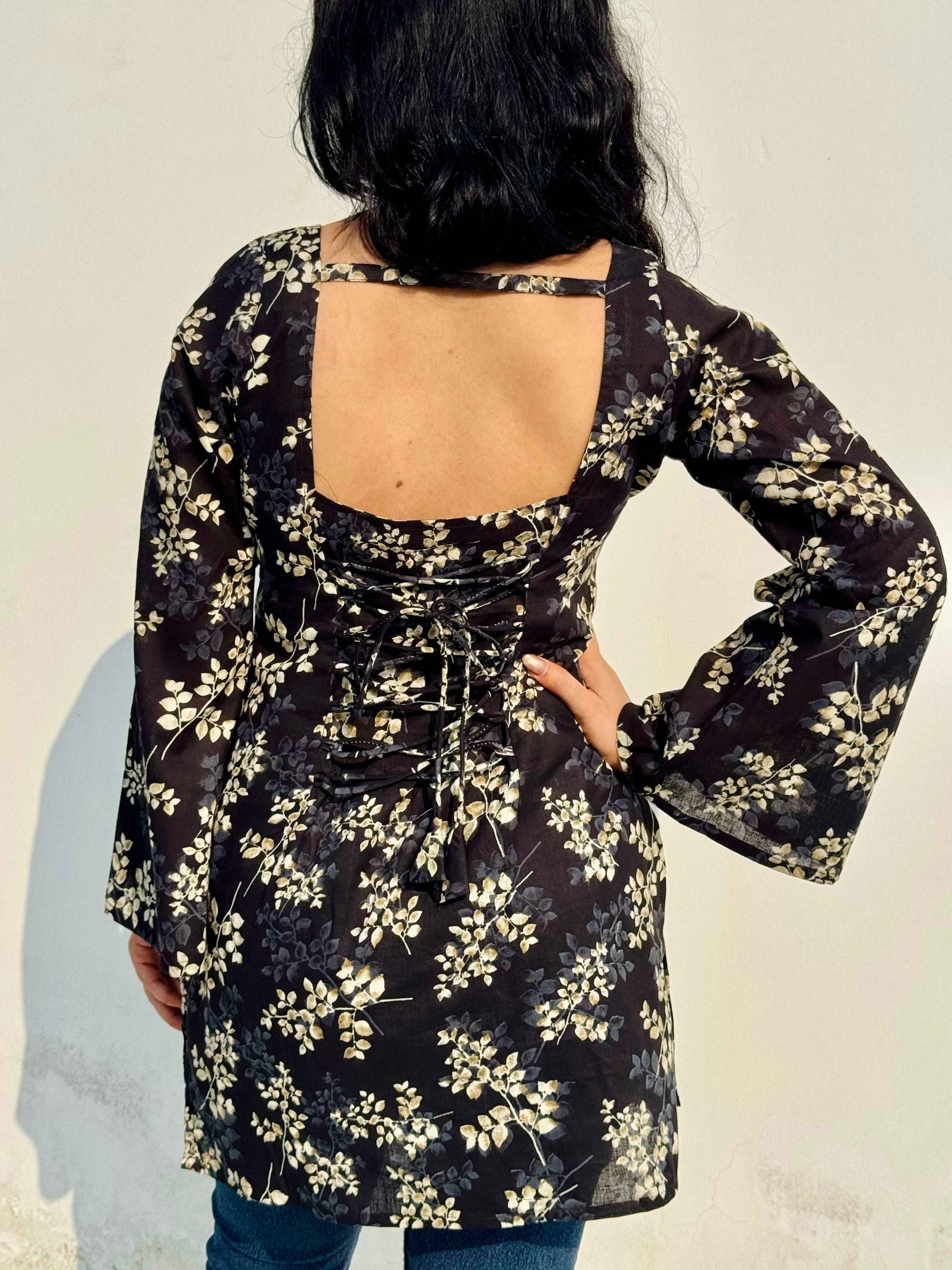 Midnight Bloom Corset-Back Kurti