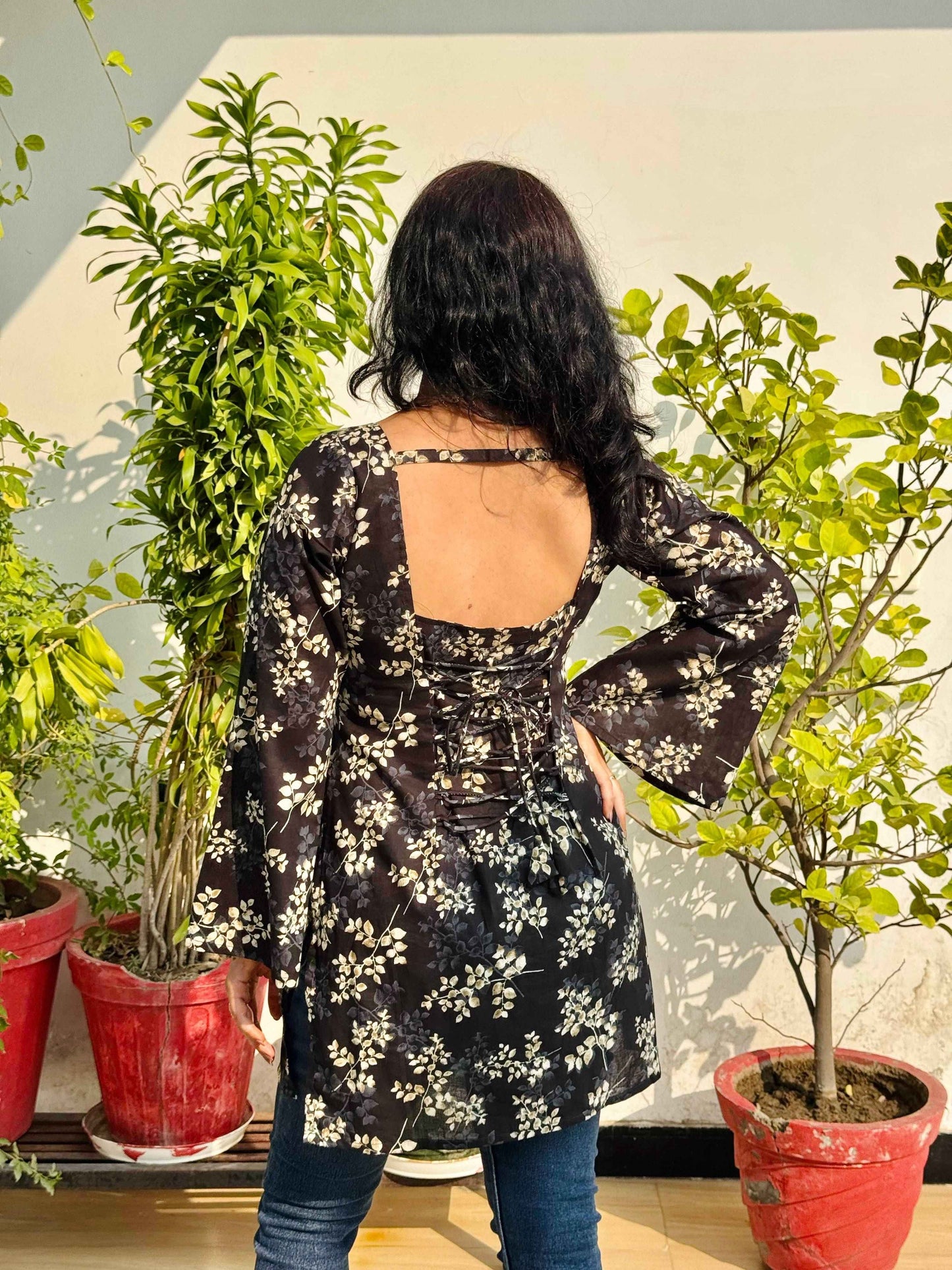 Midnight Bloom Corset-Back Kurti