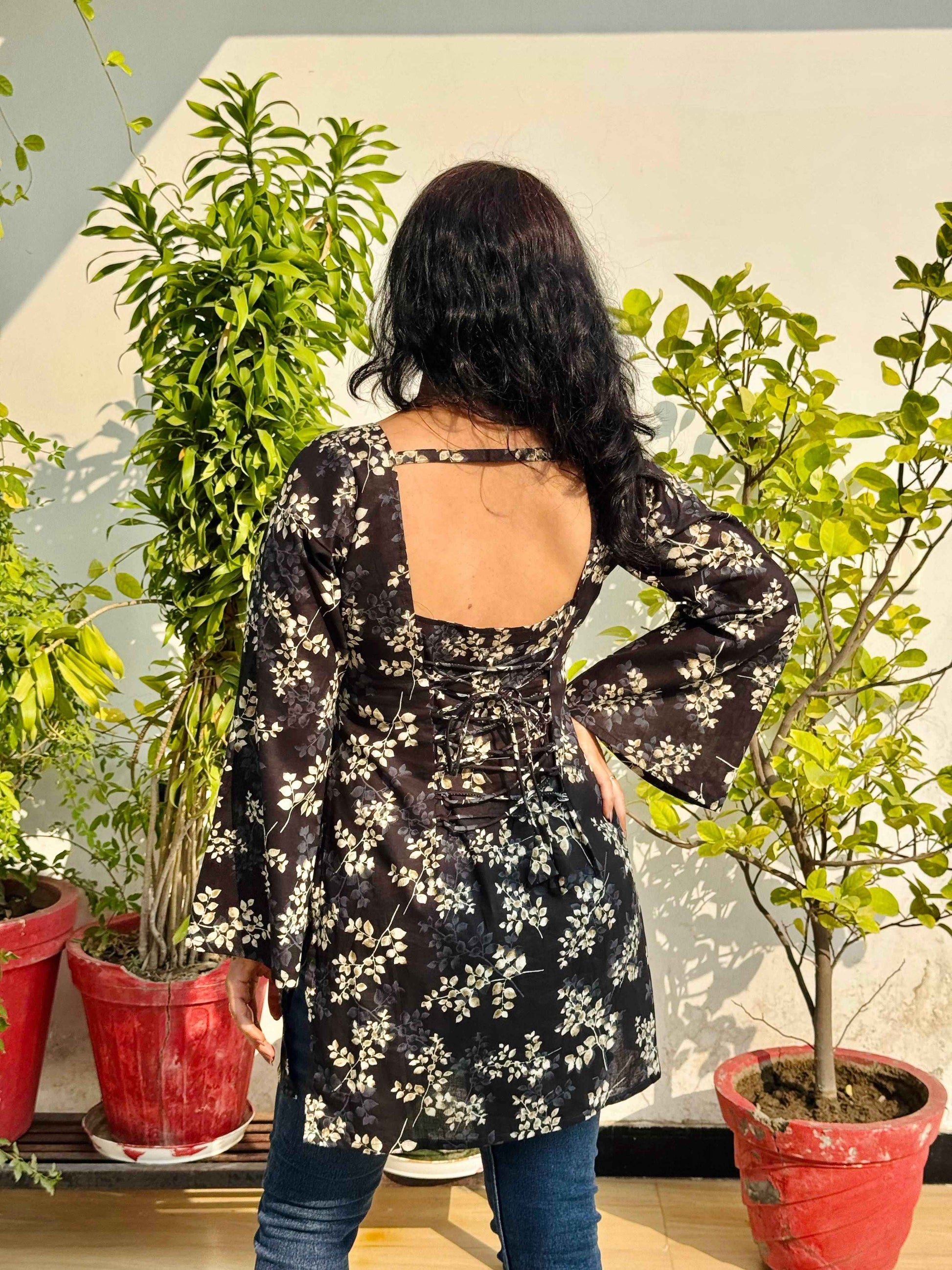 Midnight Bloom Corset-Back Kurti