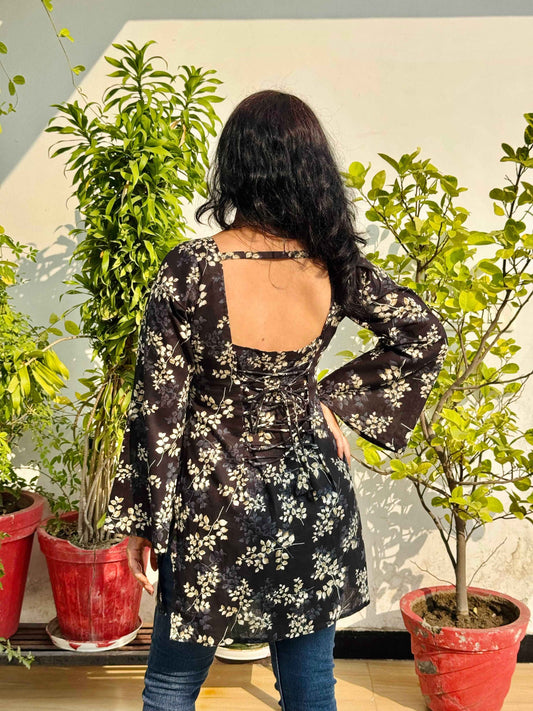 Midnight Bloom Corset-Back Kurti