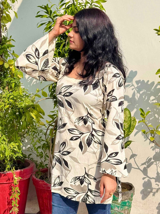 Ivory & Black Leaf Print Corset Kurti