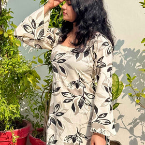 Ivory & Black Leaf Print Corset Kurti